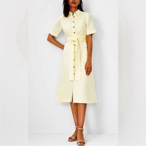 Ann Taylor Pale Yellow Linen Shirtdress Career Workwear Short Sleeve Women’s 10